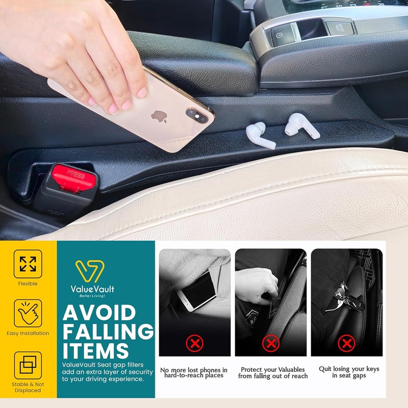ValueVault Car Seat Gap Filler Stopper & Catcher, Prevents Keys & Phones Falling into Console Crevice, Moves with Seat (Universal Fit for Sedans, SUVs & Trucks), Waterproof Soft Faux Leather(2 Pack) | Car Gap Filler - Image 3